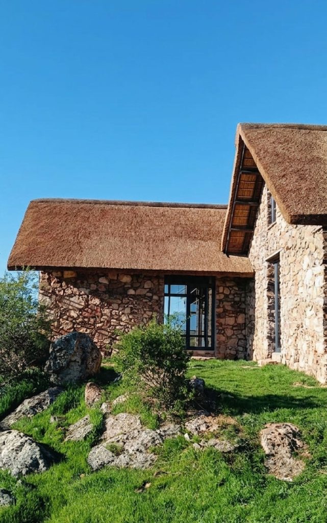 Rustic stone-walled lodge featuring a 600m² Cape Reed thatch roofing installation with panoramic views across the Spanish countryside